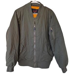Yoki Men's Olive Green Bomber Jacket MA-1 Style Orange Lining Pockets Small
